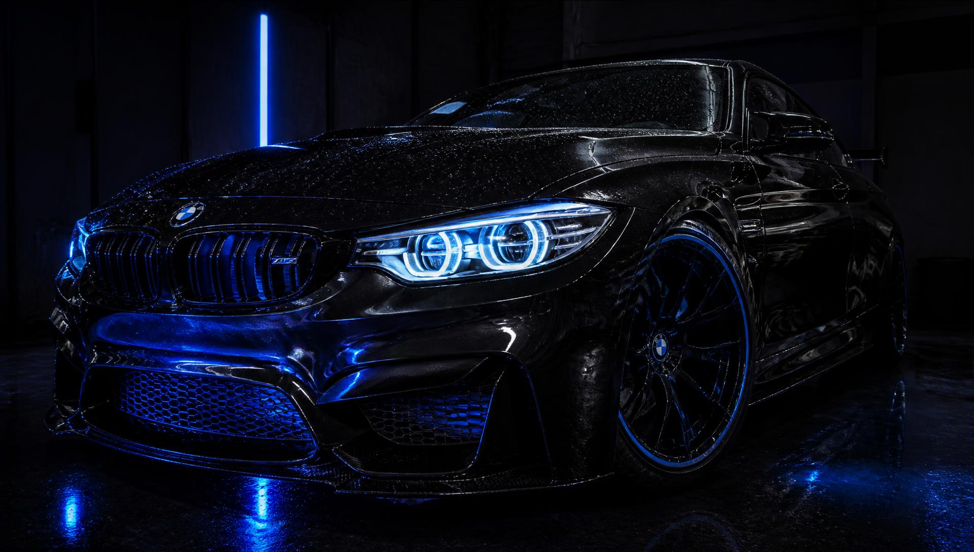 Glossy black sports car detailed under blue lighting