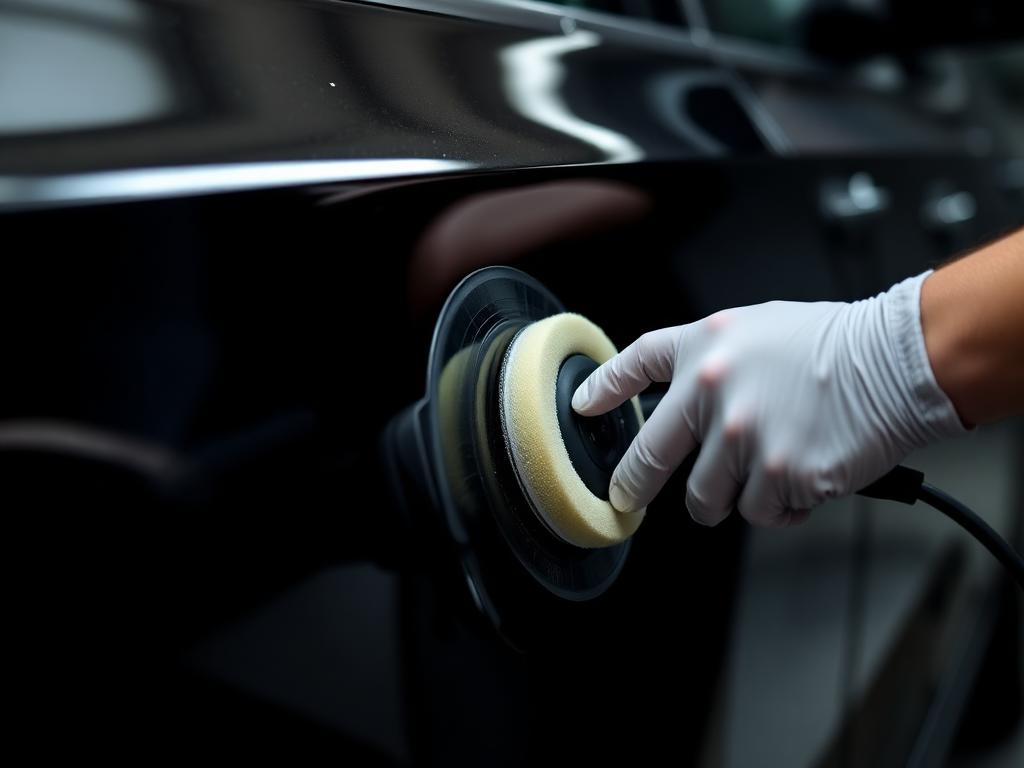 Detailer machine polishing black car paint to a mirror gloss